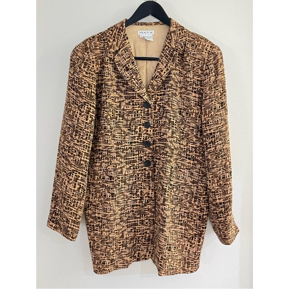 Tracy M Silk Blazer Jacket Women 14 Brown Abstract Print Lined Career Academia